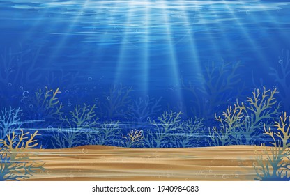 Underwater sea with wave in deep blue in island,Bottom of ocean with sun ray shining through underwater creatures,coral reef,Silhouette of coral,Vector horizon marine or sea life for summer background