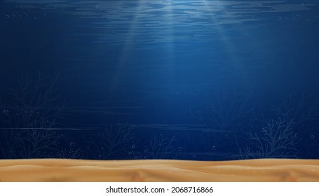 Underwater sea with wave in deep blue in island,Bottom of ocean with sun ray shining through underwater creatures,coral reef,Silhouette of coral,Vector horizon marine or sea life for summer background