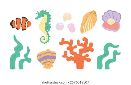 Underwater sea wildlife isolated on simple background. Clown fish, seahorse, shells and pearls. Cute hand drawn trendy flat vector illustrations.