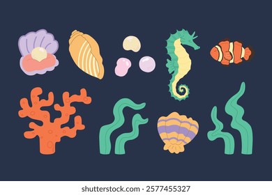 Underwater sea wildlife isolated on simple background. Clown fish, seahorse, shells and pearls. Cute hand drawn trendy flat vector illustrations.