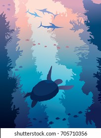 Underwater sea wildlife - silhouette of big turtle and group of swordfishes swimming near the walls of coral reefs. Vector seascape illustration.