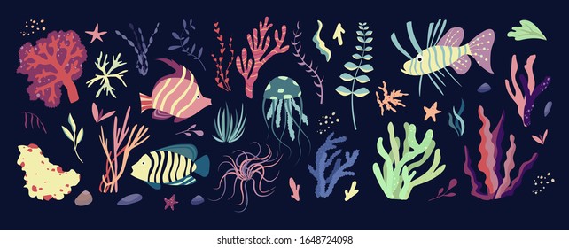 Underwater sea world dwellers, flora and fauna elements. Algae, coral reef, fishes and medusa. Vector cartoon illustration.