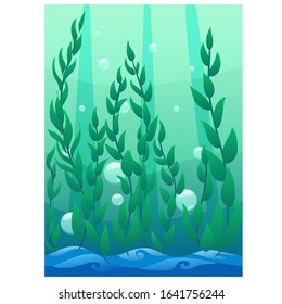 Underwater seabed with algae seamlessisolated on a white background. Vector cartoon close-up illustration