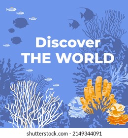 Underwater seabed. Coral reef seascape. Aquatic ecosystem. Flat vector illustration.