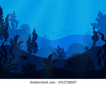 Underwater seabed. Deep ocean seascape. Hilly undersea bottom with growing seaweed and swimming fish. Blue marine scenery. Aquatic ecosystem with water animals and plants. Vector seascape illustration