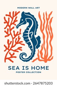 Underwater seahorse vector illustration. Minimalist retro sea poster design with ocean creature, seaweeds, corals