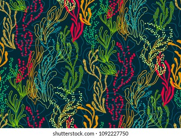 Underwater sealife seamless pattern with seaweed plants, corals drawing