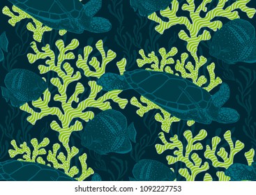 Underwater sealife seamless pattern with seaweed plants, fishes, turtles, corals drawing.