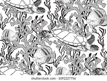 Underwater sealife seamless pattern with seaweed plants, fishes, turtles, corals drawing.
