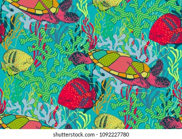 Underwater sealife seamless pattern with seaweed plants, fishes, turtles, corals drawing.