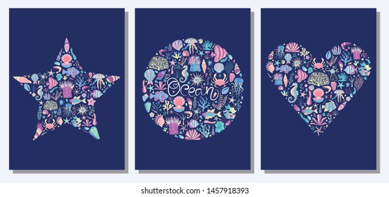 Underwater sealife t-shirt prints with love ocean icons stylized in shapes of starfish, heart and circle. Under sea world cards with coral reef animals, plants and tropical marine creatures.