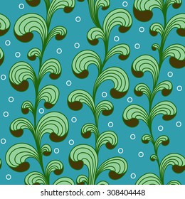Underwater seamless abstract plant pattern. Blue, green and white colors. Bubbles floating and grass growing upwards. Eps 10