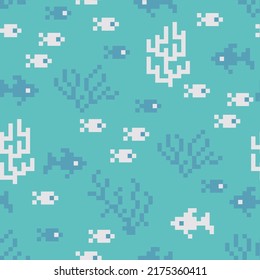 Underwater seamless background with Fish and algae. Pixel art . Vector sea pattern for fabric, paper and other