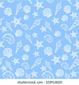 Underwater seamless background with shells and starfishes. (vector)