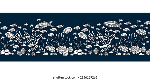 Underwater seamless border. Ocean flora and fauna . Hand drawn horizontal vector illustration on blue background.