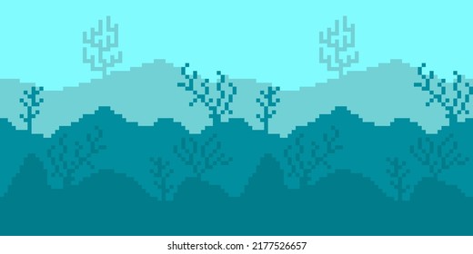 Underwater Seamless Border. Ocean Seascape Pixel Background . Coral Reef And Algae. Under Water Plants And Marine Life. Vector Illustration