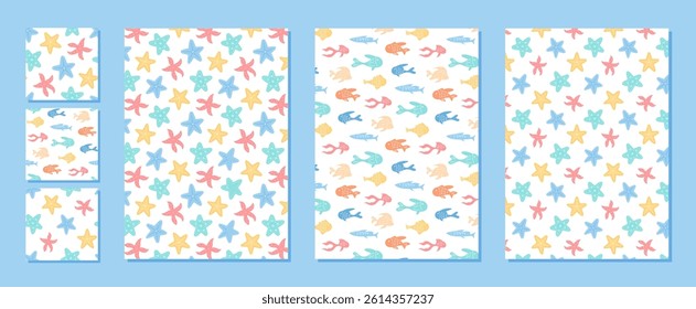 Underwater seamless cartoon pattern set in flat style. Repeated starfish and fish shapes create colorful ocean and marine graphics. Perfect for aquatic summer backgrounds or decorative designs.