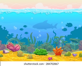 Underwater seamless landscape, neverending vector bottom illustration, cartoon background for game design