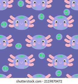 Underwater seamless pattern with axolotl faces and bubbles. Perfect for T-shirt, textile and print. Hand drawn vector illustration for decor and design. 