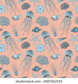 Underwater seamless pattern with blue and turquoise shells, starfish, corals. Vector illustration. Simple ocean print for wallpaper, gift wrapping, textile, fabric. Marine background