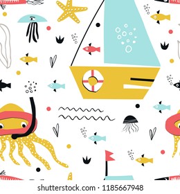 Underwater seamless pattern with boat, fish, jellyfish and octopus in an underwater mask and with a tube. Cute kids paper cut vector illustration.