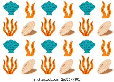 Padrão contínuo subaquático com moluscos, coral laranja e plantas marinhas azuis em um fundo branco para impressões com tema oceânico