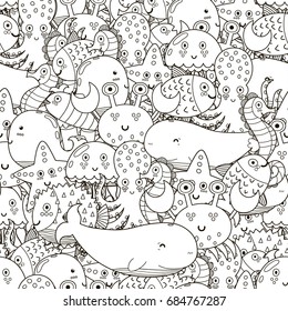 Underwater seamless pattern for coloring book. Black and white cute sea animals background. Vector illustration