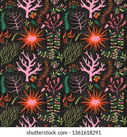 Underwater seamless pattern with coral reef flora. Marine flowers aquatic seamless background with ocean plants and seaweed.