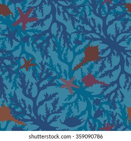 Underwater seamless pattern with coral reef, seashells and starfish on a blue background. Vector ocean illustration.