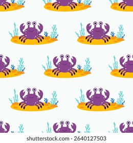 Underwater Seamless Pattern. Cute Crab and Sea algae, sandy seabed on White Background. Vector Illustration in flat style. Kids collection