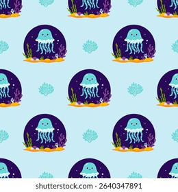 Underwater Seamless Pattern. Cute Sea Jellyfish with algae and seabed on light blue Background. Vector Illustration in flat style. Kids collection
