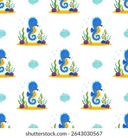Padrão Subaquático Sem Costura. Cavalo-marinho bonito com algas e coral no fundo do mar em fundo branco. Ilustração de vetor em estilo plano. Coleção Kids