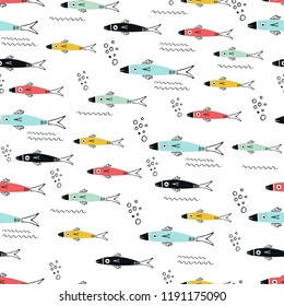 Underwater seamless pattern with different multi-colored fish. Cute kids paper cut vector illustration.