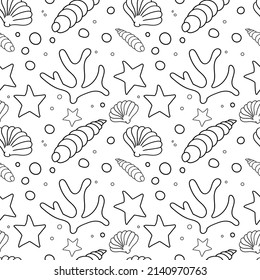 Vector de contorno de doodle sin costura subacuático. Textura para fondo, etiqueta, impresión, embalaje, mercancía, libro, escaparate, afiche, tela, envoltura, textil.