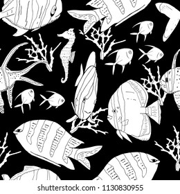 Underwater seamless pattern with exotic fish, seahorses, coral on black. Hand drawn vector