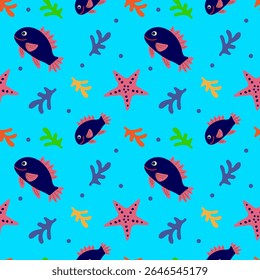 Padrão sem emenda subaquático. Peixes, corais, algas, estrelas-do-mar sobre um fundo azul. Ilustração vetorial