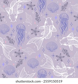 Underwater Seamless Pattern with Fish, Jellyfish, Shells, and Sea Stars. Hand-Drawn Vector background