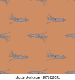 Underwater seamless pattern with grey simple squid silhouettes. Beige background. Decorative backdrop for fabric design, textile print, wrapping, cover. Vector illustration