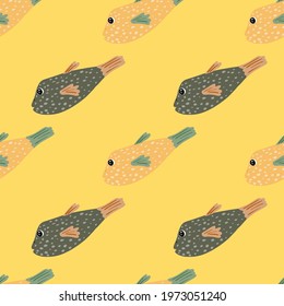 Underwater seamless pattern with hand drawn cute fish shapes. Orange pastel background. Sea backdrop. Designed for fabric design, textile print, wrapping, cover. Vector illustration.