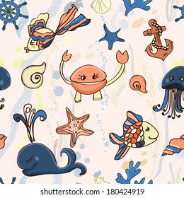 underwater seamless pattern for kids.cute sea world vector background with crab, whale, star fish, anchor, shell and wheels for your design. 