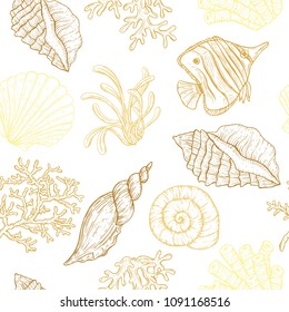 Underwater seamless pattern. Marine style endless texture. Seashell, fish, seaweed.