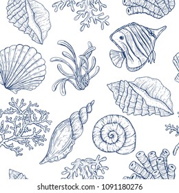 Underwater seamless pattern. Marine style endless texture. Seashell, fish, seaweed.