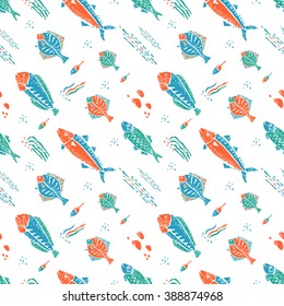 Underwater seamless pattern in naive lino style. Print for wrapping paper, fabric