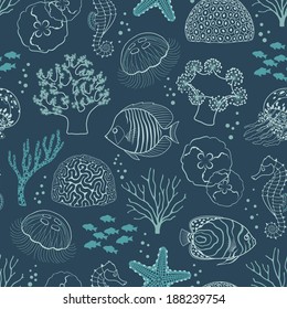 Underwater seamless pattern on dark blue background.