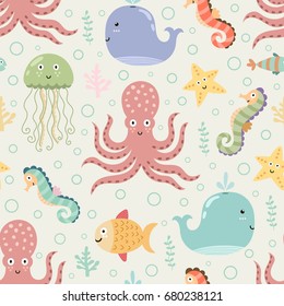 Underwater seamless pattern on light background. Funny vector illustration