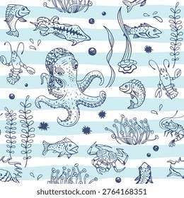 Underwater seamless pattern on sea striped background. Octopus, fish, squid, crab, shrimp, oyster, urchin, mollusk, seashell, crawfish, coral, seaweed and water bubbles. Inked sketch.