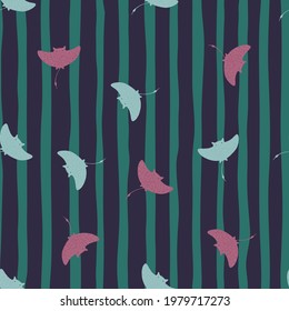 Underwater seamless pattern with random stingray elements print. Navy blue and turquoise striped background. Great for fabric design, textile print, wrapping, cover. Vector illustration.