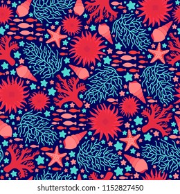 Underwater seamless pattern repeat random elements coral, sea anemone, shell, clam, seaweed, star, fish, navy blue dark background, for textile fabric, surface print, clothing, card, wallpaper, cover.