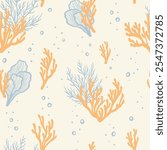 Underwater seamless pattern with repeated coral polyps, algae and seaweed. Aquatic colorful sketch ornament. Hand drawn marine flora and ocean wildlife print for textile, paper design, backgrounds.