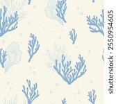 Underwater seamless pattern with repeated coral polyps, algae and seaweed. Aquatic colorful sketch ornament. Hand drawn marine flora and ocean wildlife print for textile, paper design, backgrounds.